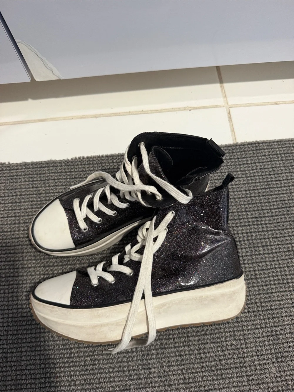 Steve Madden Black Glitter High-Top Platform Sneakers with White Accents